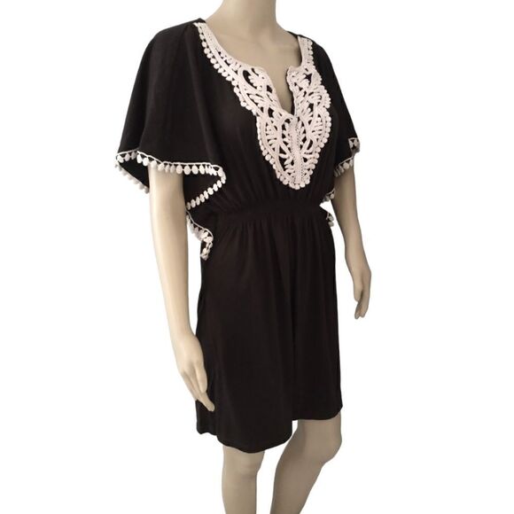 Y2K Bohemian Dress M Jersey Knit Flowy Woodland Fairy Crochet Dolman Sleeves - Picture 5 of 16